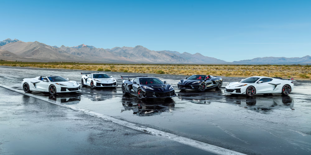 The 2026 Chevrolet Corvette line-up on a wet track in Bakersfield, CA 