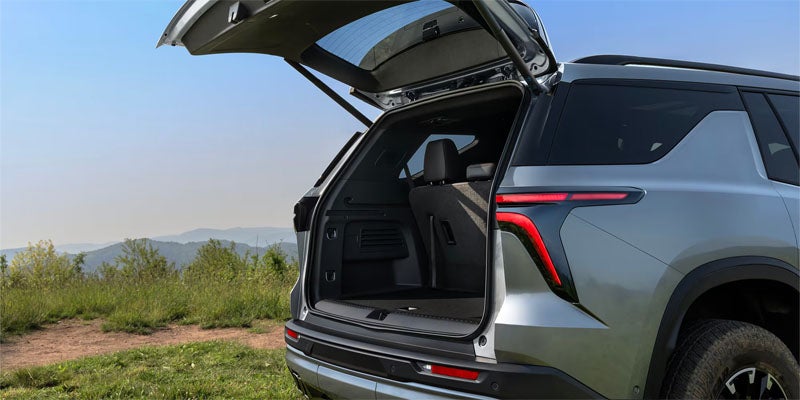 Chevrolet Traverse trunk space in Bakersfield, CA with cargo folded down, providing up to 98 cubic feet for luggage, sports gear, or family road trips.